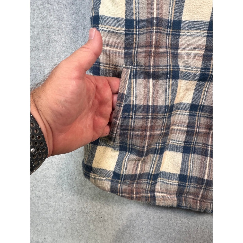 LL Bean Relaxed Fit Sherpa Lined Hooded Flannel Shirt Jacket Blue Plaid Large - Picture 7 of 12